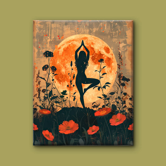 yoga silhouette against a large orange moon surrounded by stylized floral elements-Luxurious-Serenity & Wellness-3D Textured Wall Art | UV Embossed Canvas Wall Frame for Meditation Space
