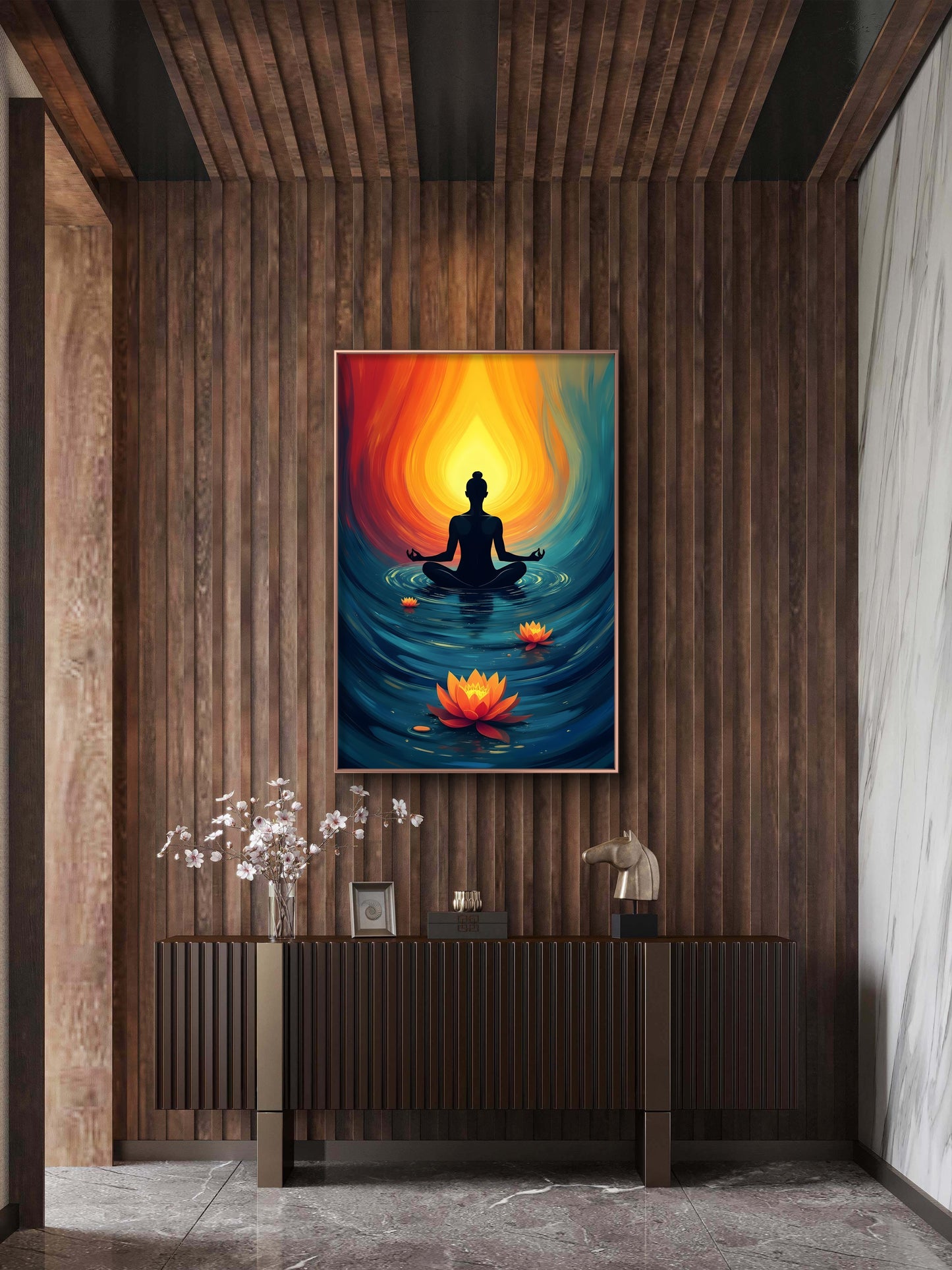 The Meditator Amidst the Lotus-Luxurious-Serenity & Wellness-3D Textured Wall Art | UV Embossed Canvas Wall Frame for Meditation Space