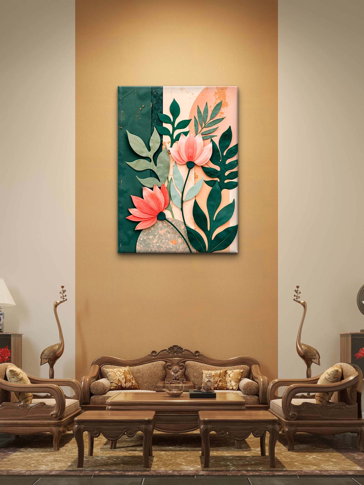 Flower in shades of pink and green leaves on a pastel background-Premium-Floral & Botanical-3D Textured Wall Art | UV Embossed Canvas Wall Frame for home decor and bed room