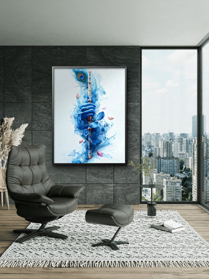 The Blue Flute of Krishna-Luxurious-Spiritual & Mindful 3D Textured Wall Art | UV Printed Embossed Canvas Wall Frame for Prayer room ,Meditation Space