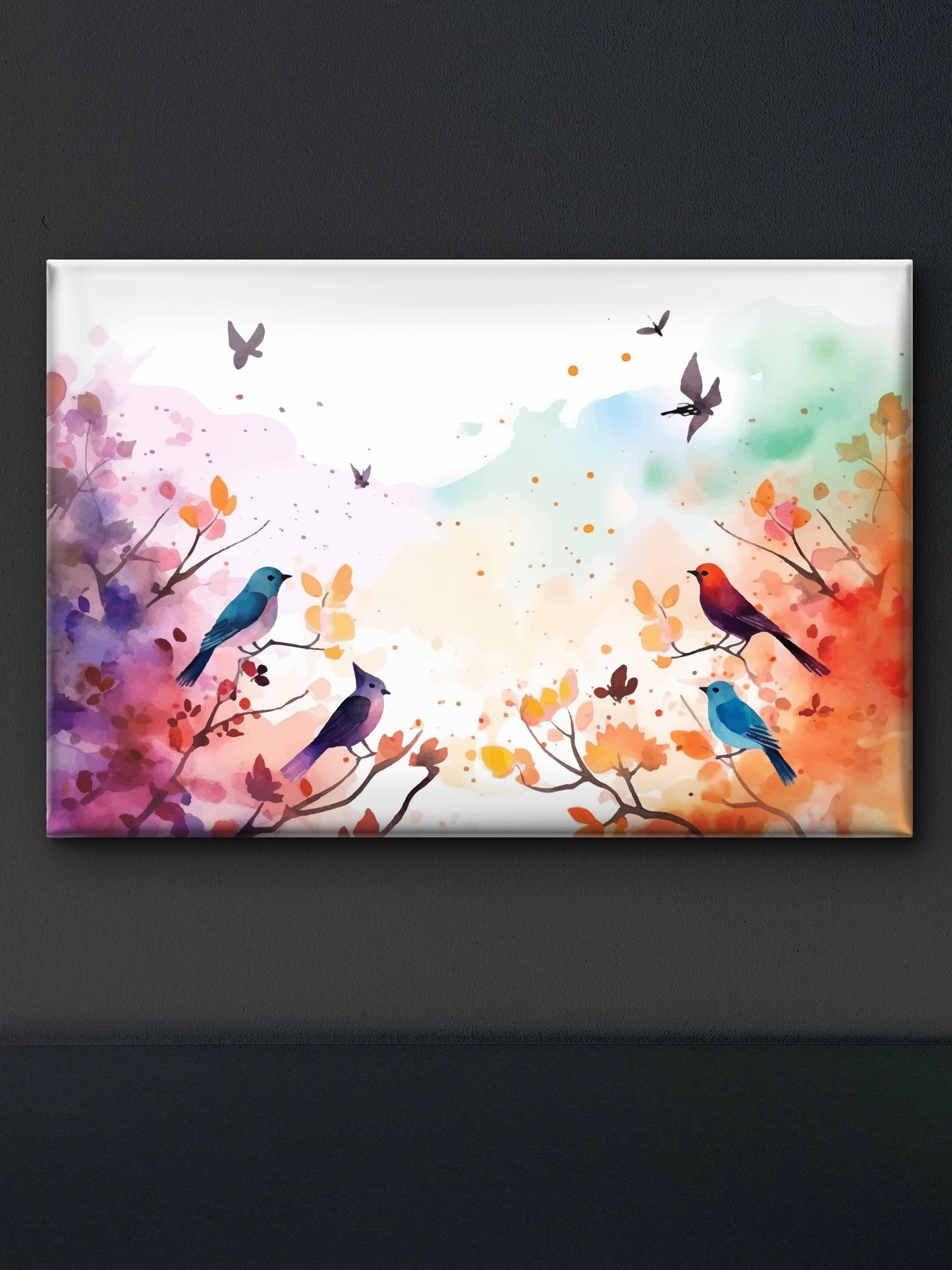 Color leaves Trees With flying Bird Premium-Floral & Botanical-3D Textured Wall Art | UV Embossed Canvas Wall Frame for home decor and bed room