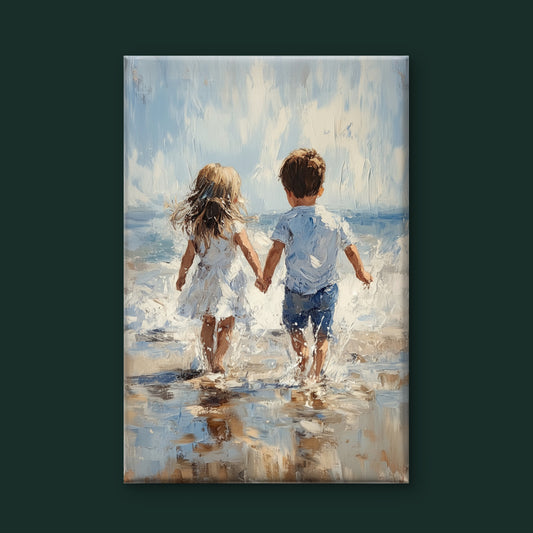Coastal Children Walking-Premium-Kids & Whimsical-3D Textured Wall Art | UV Embossed Canvas Wall Frame for Kids room
