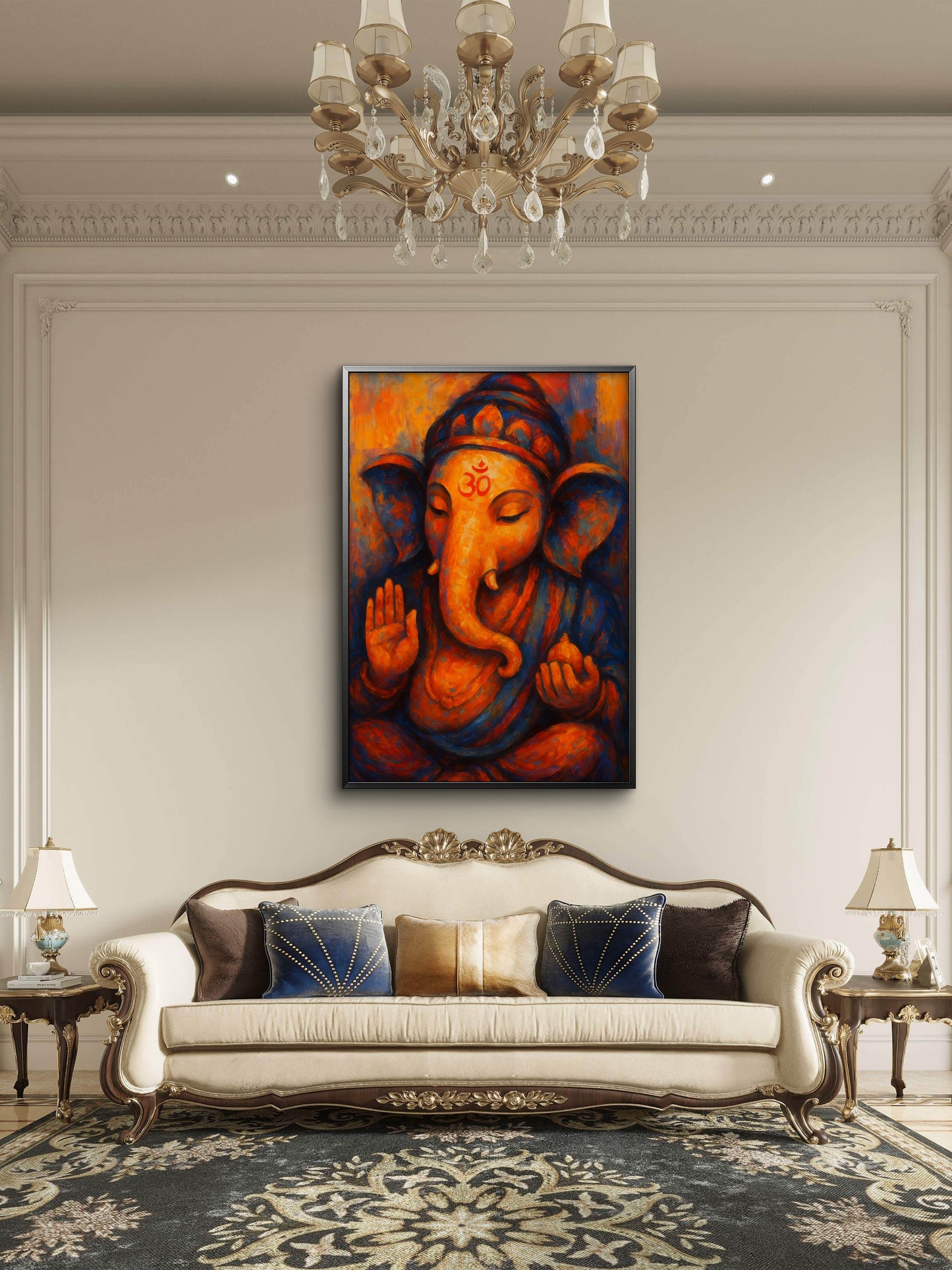 Vibrant Lord Ganesha-Luxurious-Spiritual & Mindful 3D Textured Wall Art | UV Printed Embossed Canvas Wall Frame for Prayer room ,Meditation Space