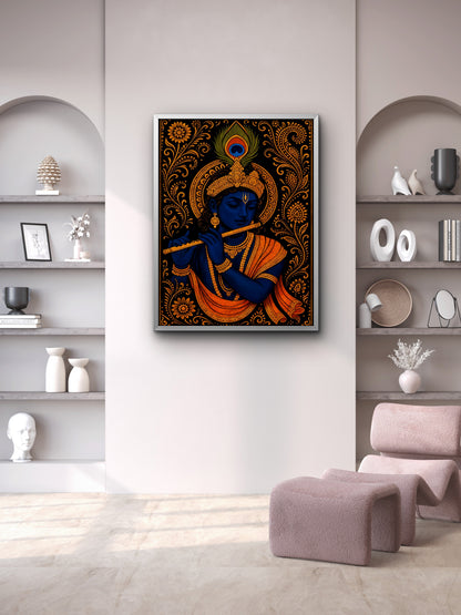 Krishna in Gold-Luxurious-Spiritual & Mindful 3D Textured Wall Art | UV Printed Embossed Canvas Wall Frame for Prayer room ,Meditation Space