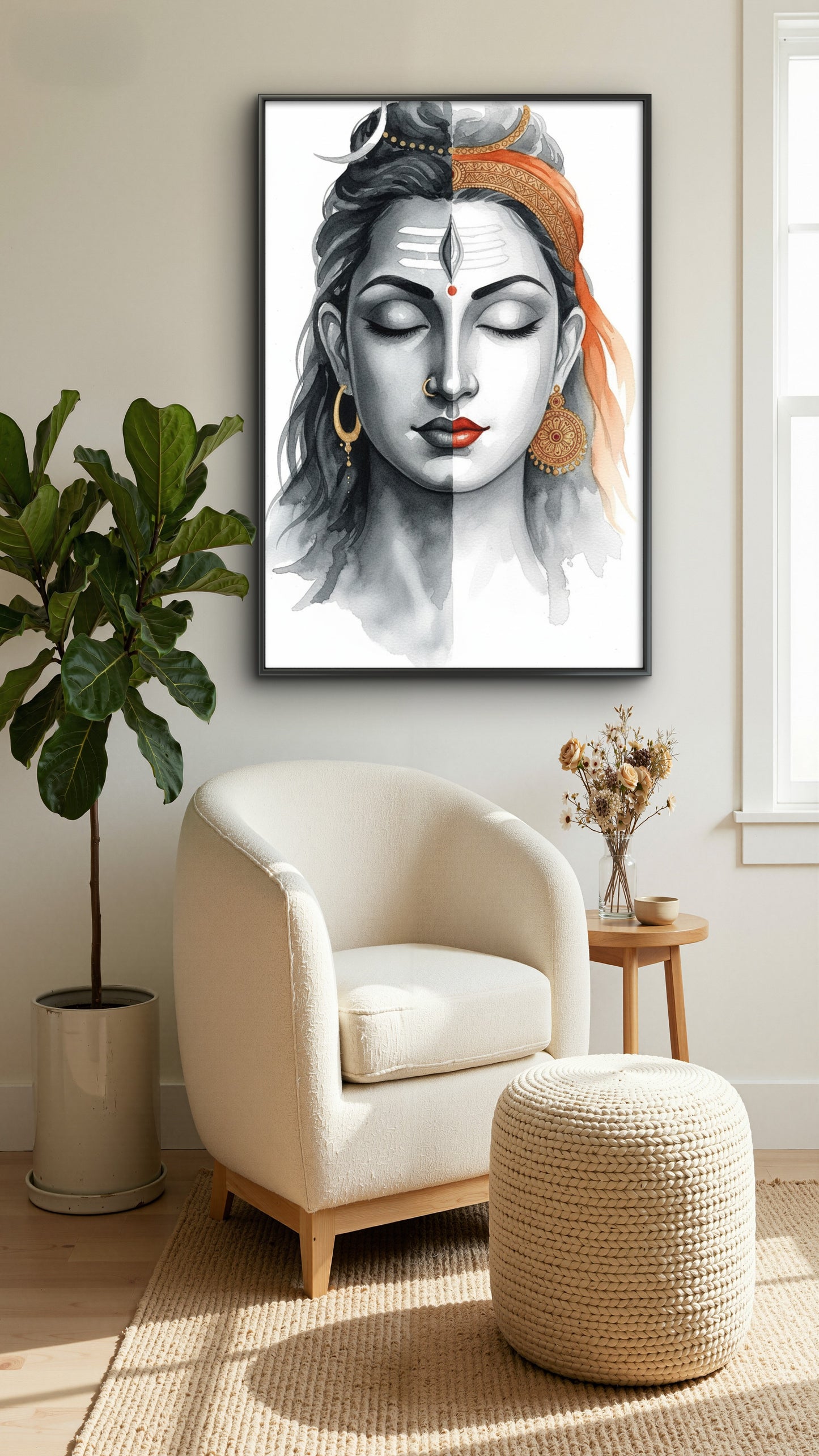 Shiva and Parvati Watercolour Digital Painting-Luxurious-Spiritual & Mindful 3D Textured Wall Art | UV Printed Embossed Canvas Wall Frame for Prayer room ,Meditation Space