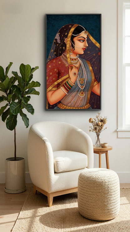 indian woman-Luxurious-Indian Culture &  Folk Art 3D Textured Wall Art | UV Printed Embossed Canvas Wall Frame for Home Decor,living Room