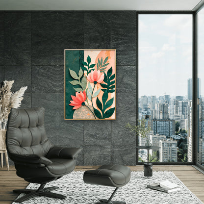 Flower in shades of pink and green leaves on a pastel background-Premium-Floral & Botanical-3D Textured Wall Art | UV Embossed Canvas Wall Frame for home decor and bed room