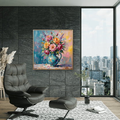 Flowers in Teal-premium-Floral & Botanical-3D Textured Wall Art | UV Embossed Canvas Wall Frame for Living room and bed room
