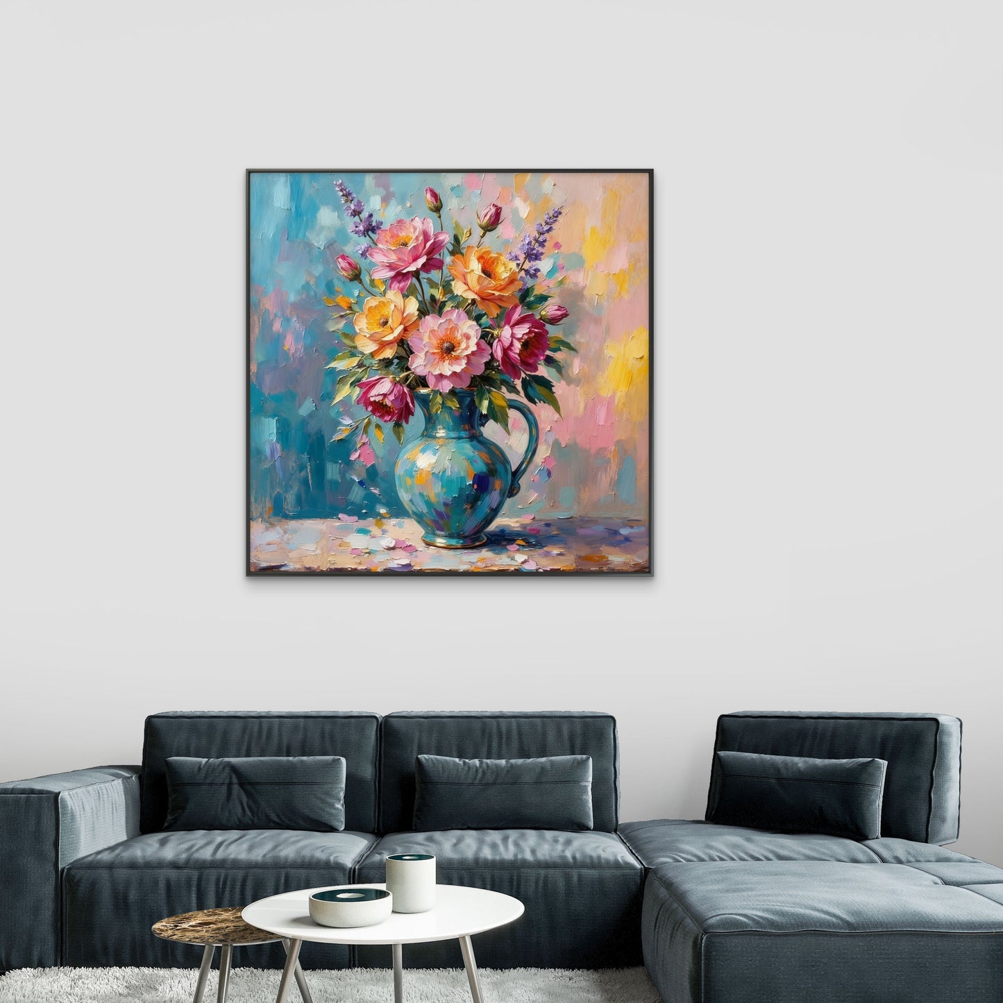 Flowers in Teal-premium-Floral & Botanical-3D Textured Wall Art | UV Embossed Canvas Wall Frame for Living room and bed room