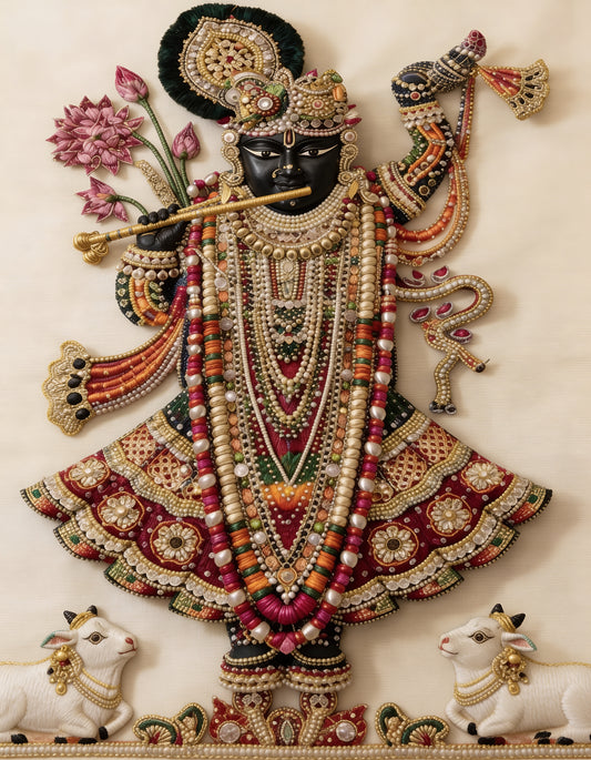 Embroidered Elegance of Shrinathji-Luxurious-Spiritual & Mindful 3D Textured Wall Art | UV Printed Embossed Canvas Wall Frame for Prayer room ,Meditation Space
