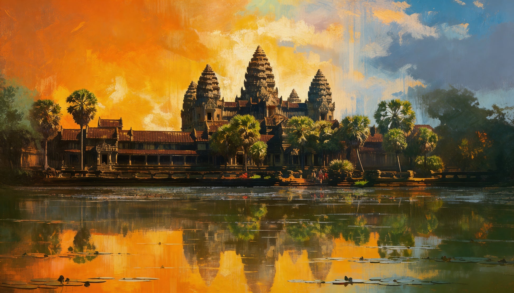 Painting of Angkor Wat temple with a reflective lake and colorful sky.