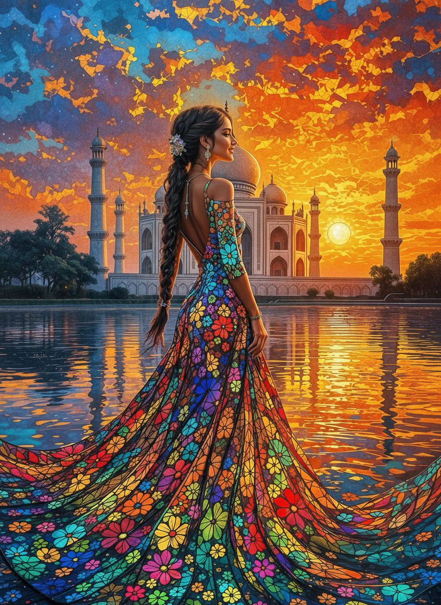 The Floral Gown at the Taj-Luxury-Kids & Whimsical-3D Textured Wall Art | UV Embossed Canvas Wall Frame for Kids room