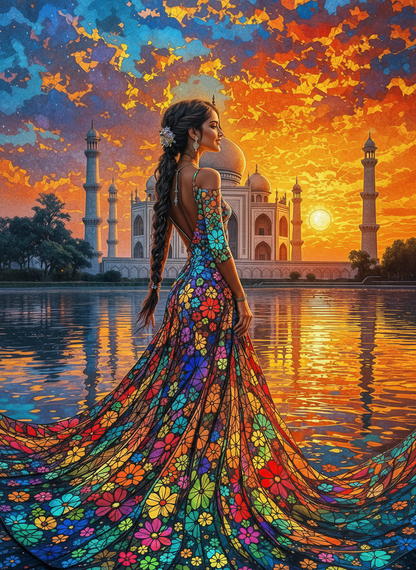 The Floral Gown at the Taj-Luxury-Kids & Whimsical-3D Textured Wall Art | UV Embossed Canvas Wall Frame for Kids room