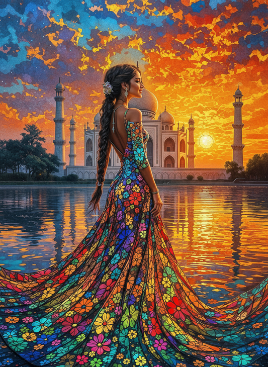 The Floral Gown at the Taj-Luxury-Kids & Whimsical-3D Textured Wall Art | UV Embossed Canvas Wall Frame for Kids room