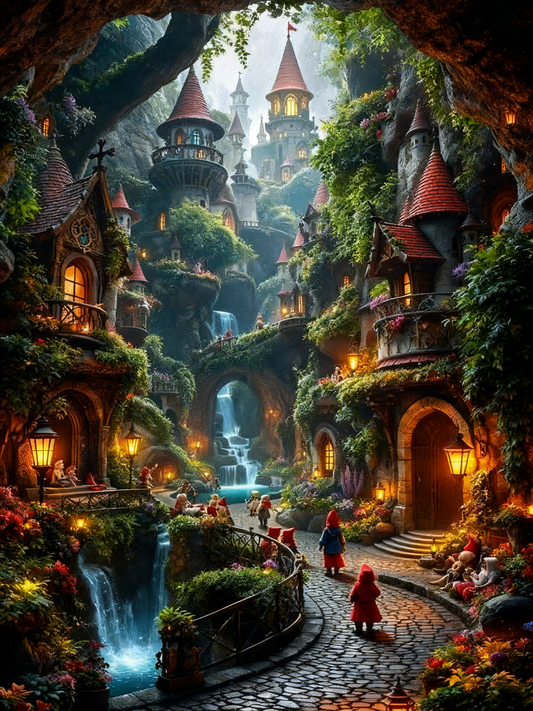 The Hidden Grotto of Gnomes-Luxury-Kids & Whimsical-3D Textured Wall Art | UV Embossed Canvas Wall Frame for Kids room