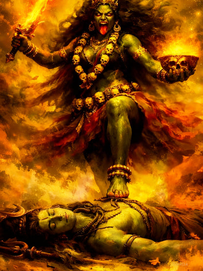 Kali’s Fiery Redemption-Luxurious-Spiritual & Mindful 3D Textured Wall Art | UV Printed Embossed Canvas Wall Frame for Prayer room ,Meditation Space