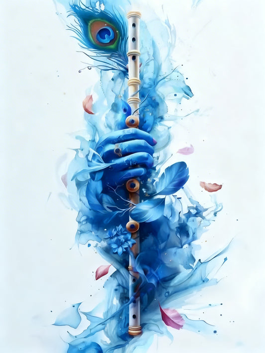 The Blue Flute of Krishna-Luxurious-Spiritual & Mindful 3D Textured Wall Art | UV Printed Embossed Canvas Wall Frame for Prayer room ,Meditation Space