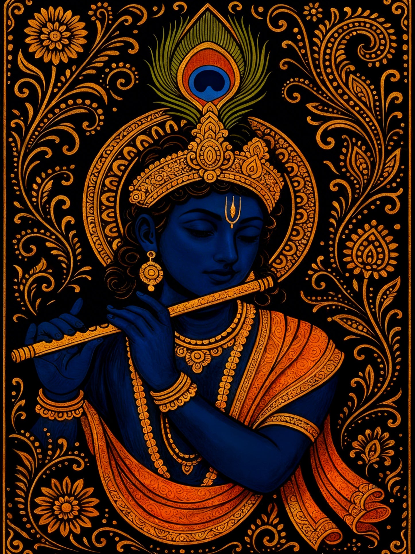 Krishna in Gold-Luxurious-Spiritual & Mindful 3D Textured Wall Art | UV Printed Embossed Canvas Wall Frame for Prayer room ,Meditation Space