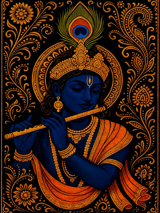 Krishna in Gold-Luxurious-Spiritual & Mindful 3D Textured Wall Art | UV Printed Embossed Canvas Wall Frame for Prayer room ,Meditation Space