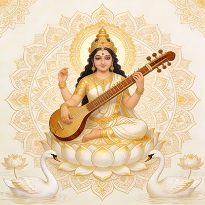 goddess-saraswati-Luxurious-Spiritual & Mindful 3D Textured Wall Art | UV Printed Embossed Canvas Wall Frame for Prayer room ,Meditation Space
