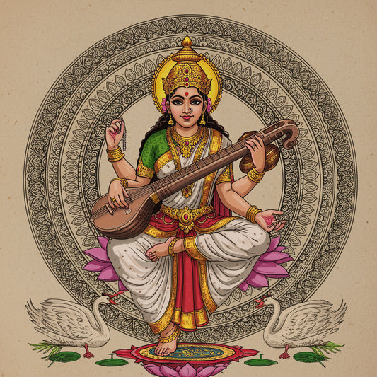 goddess-saraswati-seated-Luxurious | 3D Textured Wall Art | UV Printed Embossed Canvas Wall Frame for living room