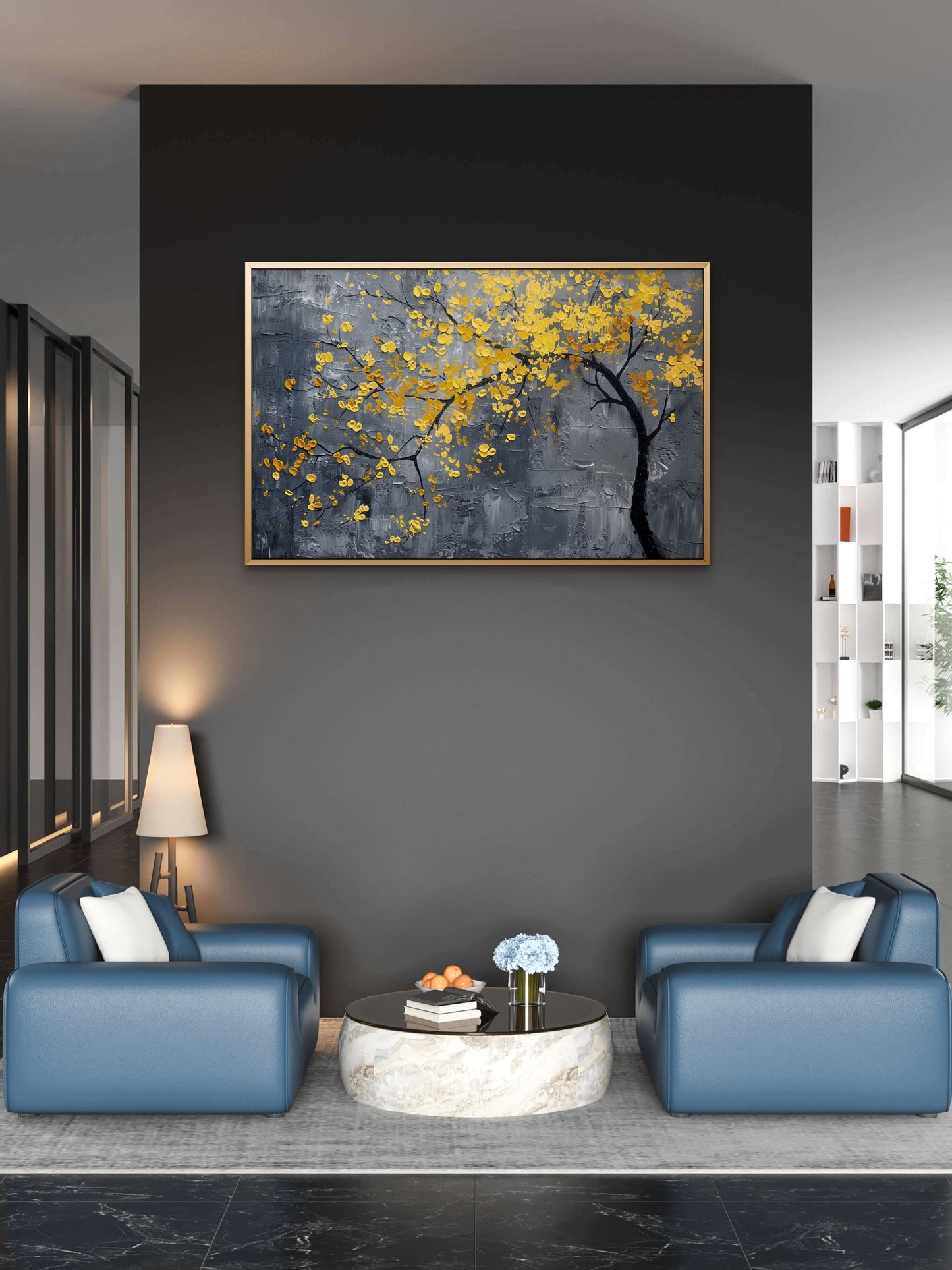 geometric-yellow-Flower-Luxury-Floral & Botanical-3D Textured Wall Art | UV Embossed Canvas Wall Frame for Living room and bed room