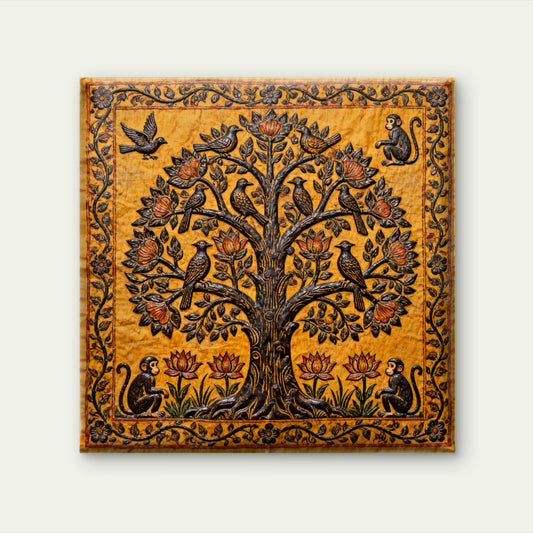 handcarved-kalamkari-Luxurious-Indian Culture &  Folk Art 3D Textured Wall Art | UV Printed Embossed Canvas Wall Frame for Home Decor,living Room