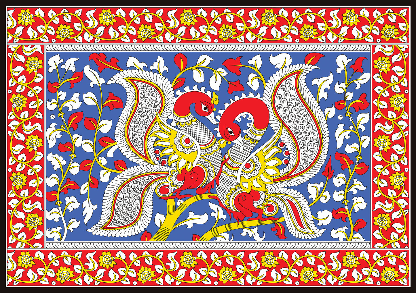kalamkari-twin-swans-pallu-on-tree-Luxurious-Indian Culture &  Folk Art 3D Textured Wall Art | UV Printed Embossed Canvas Wall Frame for Home Decor,living Room
