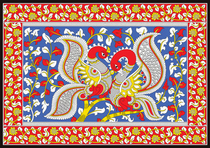 kalamkari-twin-swans-pallu-on-tree-Luxurious-Indian Culture &  Folk Art 3D Textured Wall Art | UV Printed Embossed Canvas Wall Frame for Home Decor,living Room