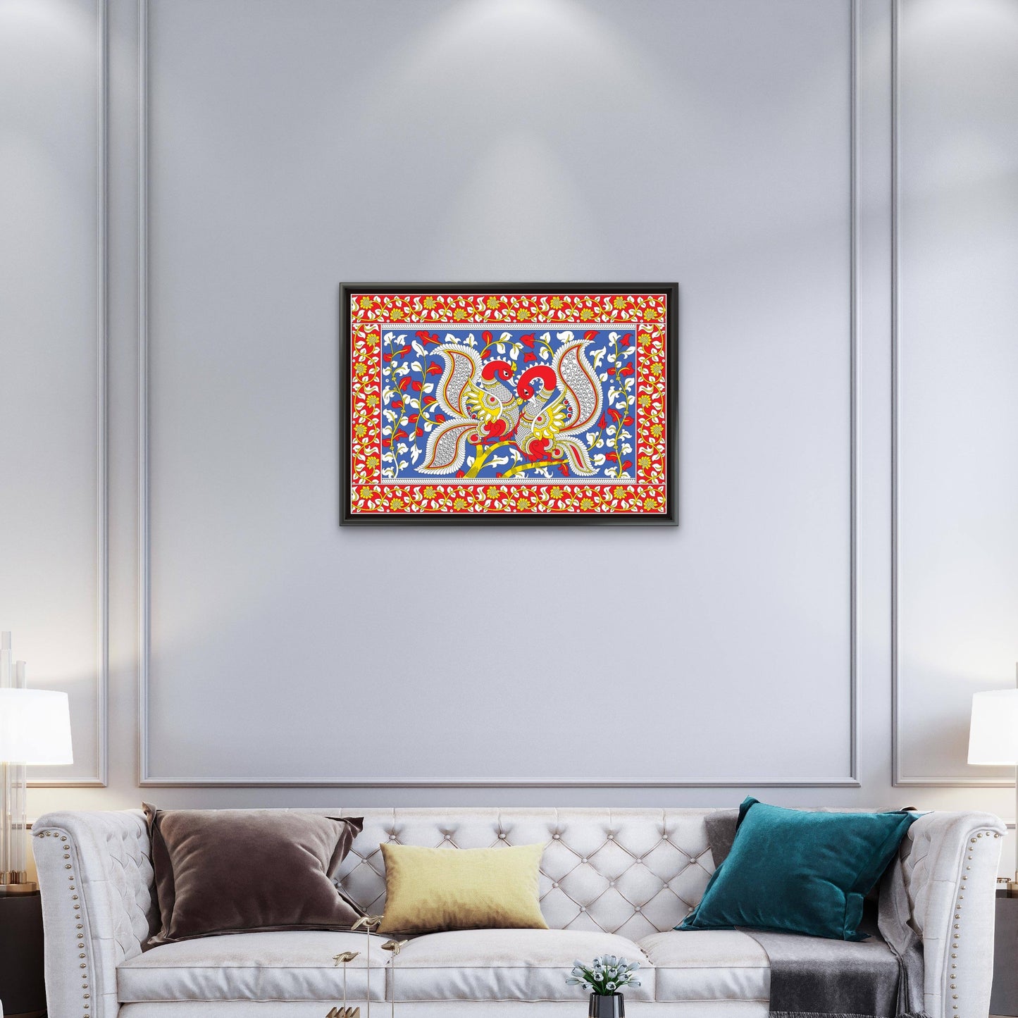 kalamkari-twin-swans-pallu-on-tree-Luxurious-Indian Culture &  Folk Art 3D Textured Wall Art | UV Printed Embossed Canvas Wall Frame for Home Decor,living Room