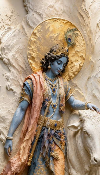 krishna_and_cow_mural-Luxurious- Gods and Divine Art -3D Textured Wall Art | UV Embossed Canvas Wall Frame for Home decor