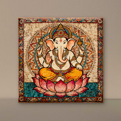 Lord-ganesha-seated-on-lotus-kalamkari-Luxurious-Kalamkari and Pattachitra folk art- 3D Textured Wall Art | UV Printed Embossed Canvas Wall Frame for Home Decor,living Room
