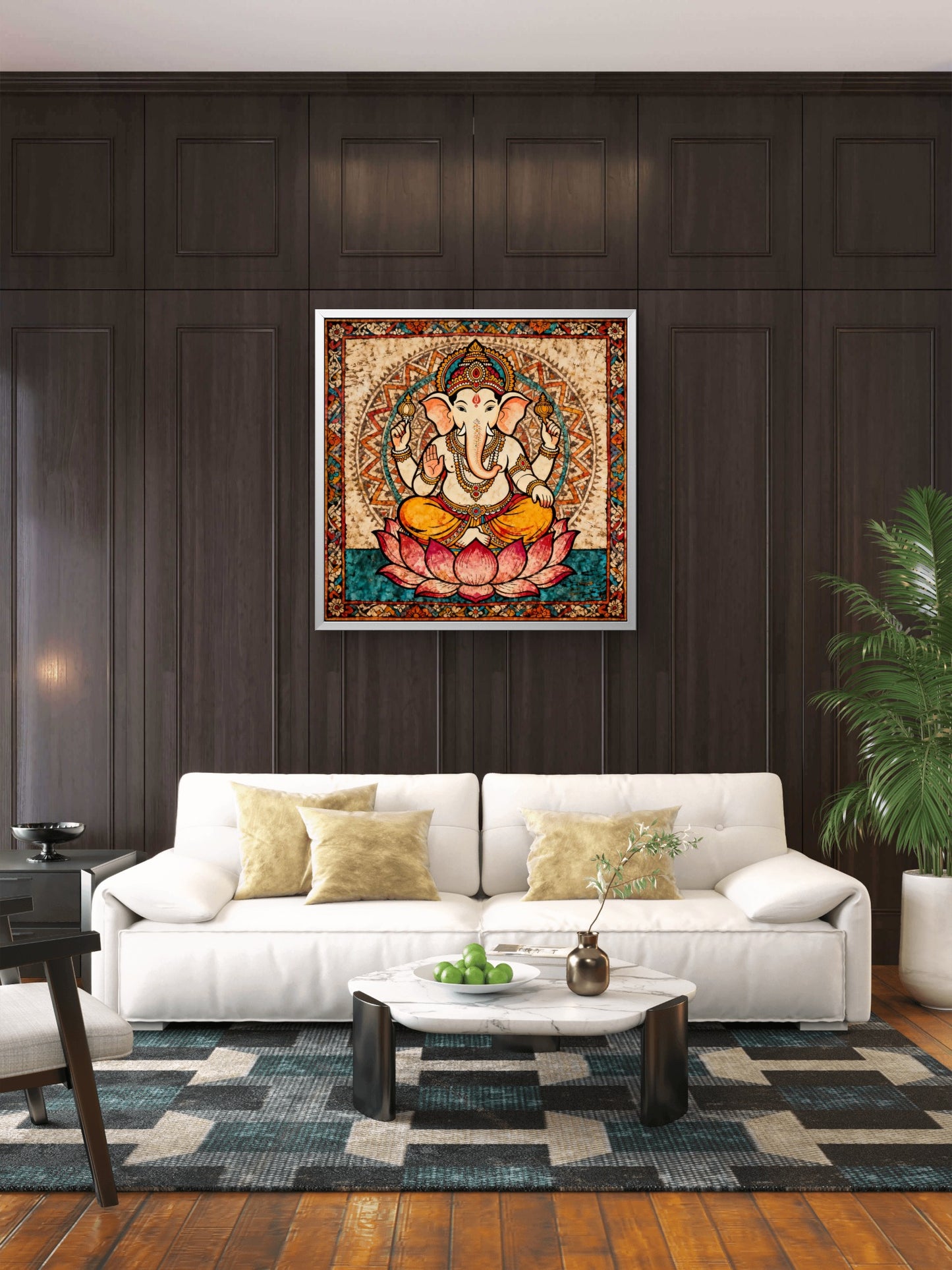 Lord-ganesha-seated-on-lotus-kalamkari-Luxurious-Kalamkari and Pattachitra folk art- 3D Textured Wall Art | UV Printed Embossed Canvas Wall Frame for Home Decor,living Room
