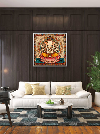 Lord-ganesha-seated-on-lotus-kalamkari-Luxurious-Kalamkari and Pattachitra folk art- 3D Textured Wall Art | UV Printed Embossed Canvas Wall Frame for Home Decor,living Room