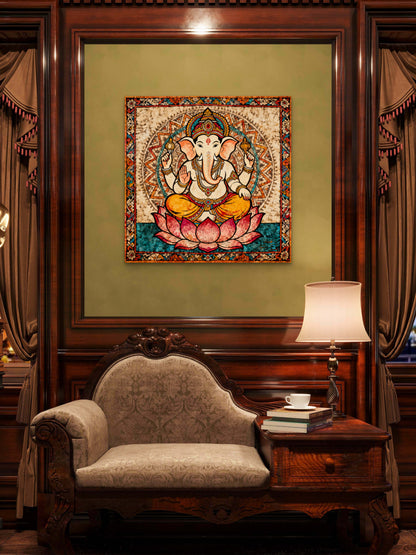 Lord-ganesha-seated-on-lotus-kalamkari-Luxurious-Kalamkari and Pattachitra folk art- 3D Textured Wall Art | UV Printed Embossed Canvas Wall Frame for Home Decor,living Room