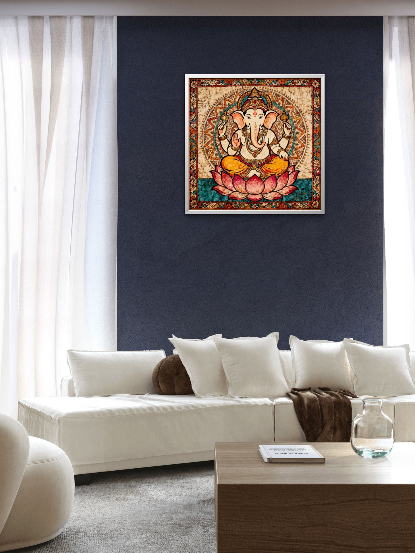 Lord-ganesha-seated-on-lotus-kalamkari-Luxurious-Kalamkari and Pattachitra folk art- 3D Textured Wall Art | UV Printed Embossed Canvas Wall Frame for Home Decor,living Room