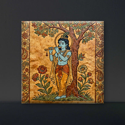 Lord-krishna-playing-flute-under-a-tree-Luxurious-Kalamkari and Pattachitra folk art- 3D Textured Wall Art | UV Printed Embossed Canvas Wall Frame for Home Decor,living Room