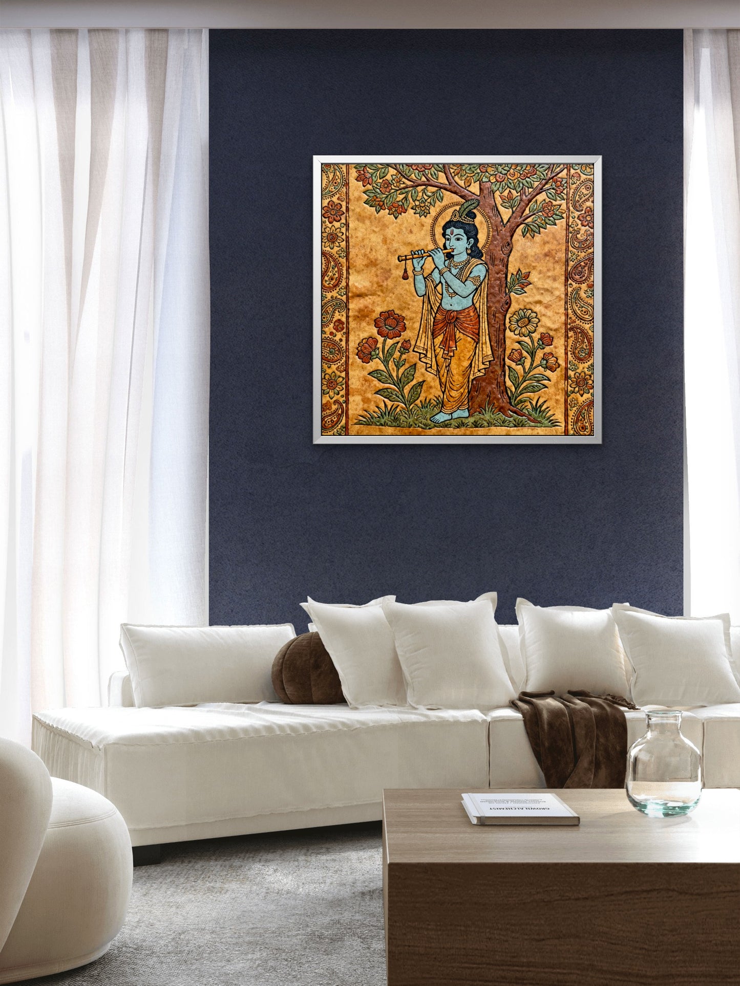 Lord-krishna-playing-flute-under-a-tree-Luxurious-Kalamkari and Pattachitra folk art- 3D Textured Wall Art | UV Printed Embossed Canvas Wall Frame for Home Decor,living Room