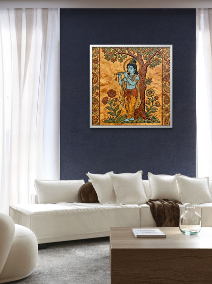 Lord-krishna-playing-flute-under-a-tree-Luxurious-Kalamkari and Pattachitra folk art- 3D Textured Wall Art | UV Printed Embossed Canvas Wall Frame for Home Decor,living Room