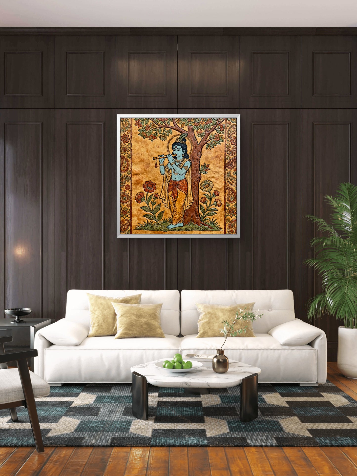 Lord-krishna-playing-flute-under-a-tree-Luxurious-Kalamkari and Pattachitra folk art- 3D Textured Wall Art | UV Printed Embossed Canvas Wall Frame for Home Decor,living Room