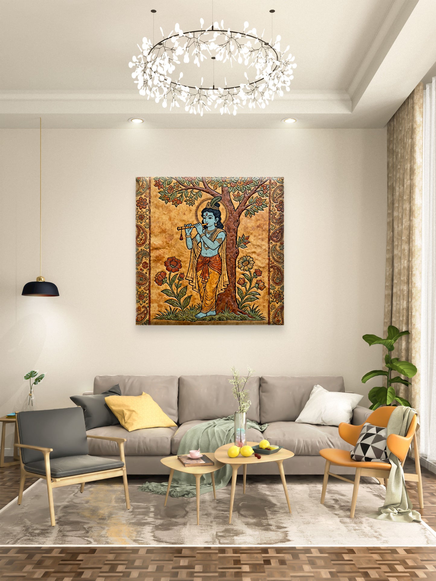 Lord-krishna-playing-flute-under-a-tree-Luxurious-Kalamkari and Pattachitra folk art- 3D Textured Wall Art | UV Printed Embossed Canvas Wall Frame for Home Decor,living Room