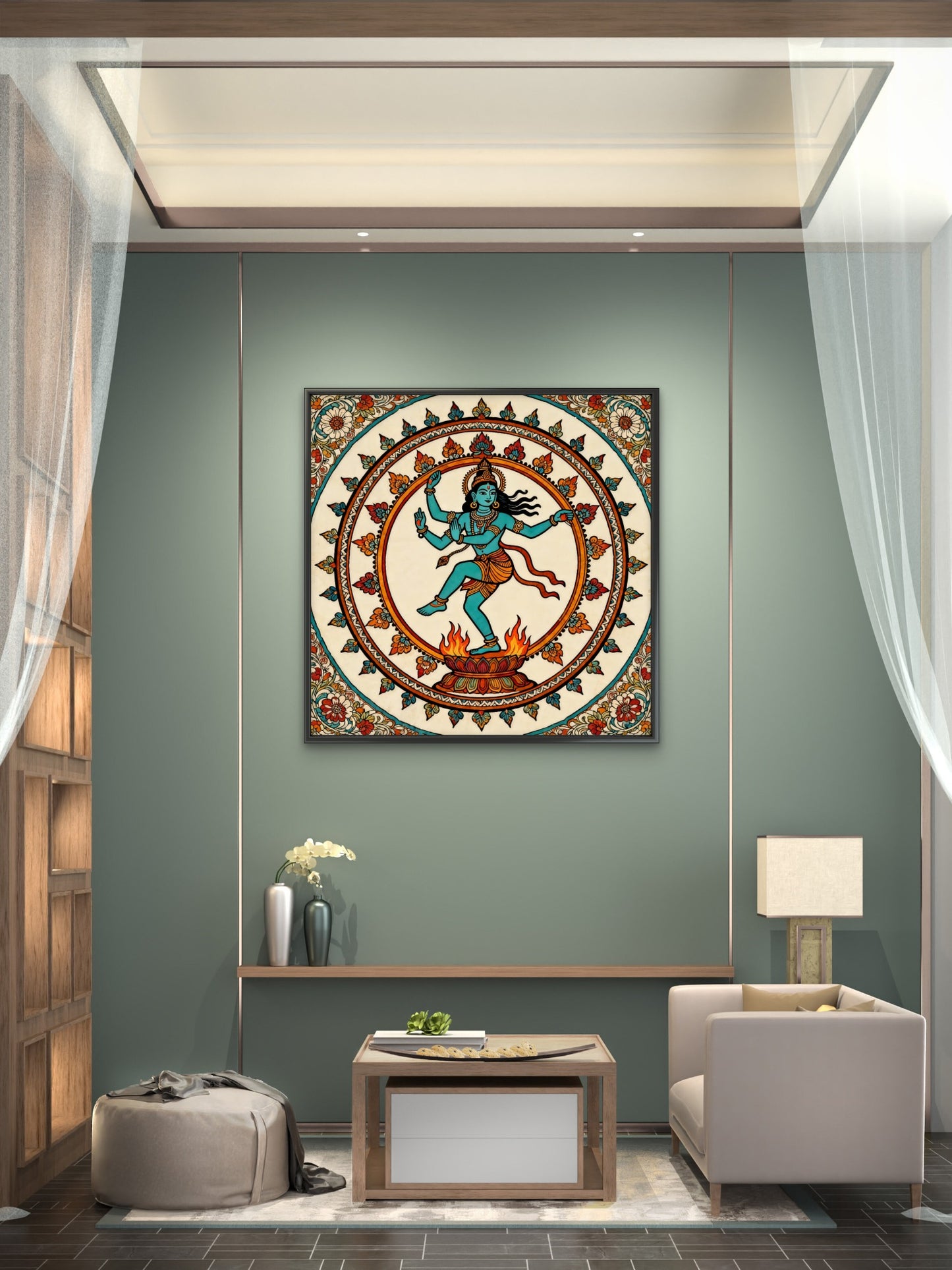 lord-shiva-as-nataraja-dancing-pose-kalamkari-Luxurious-Kalamkari Art 3D Textured Wall Art | UV Printed Embossed Canvas Wall Frame for Home Decor,living Room