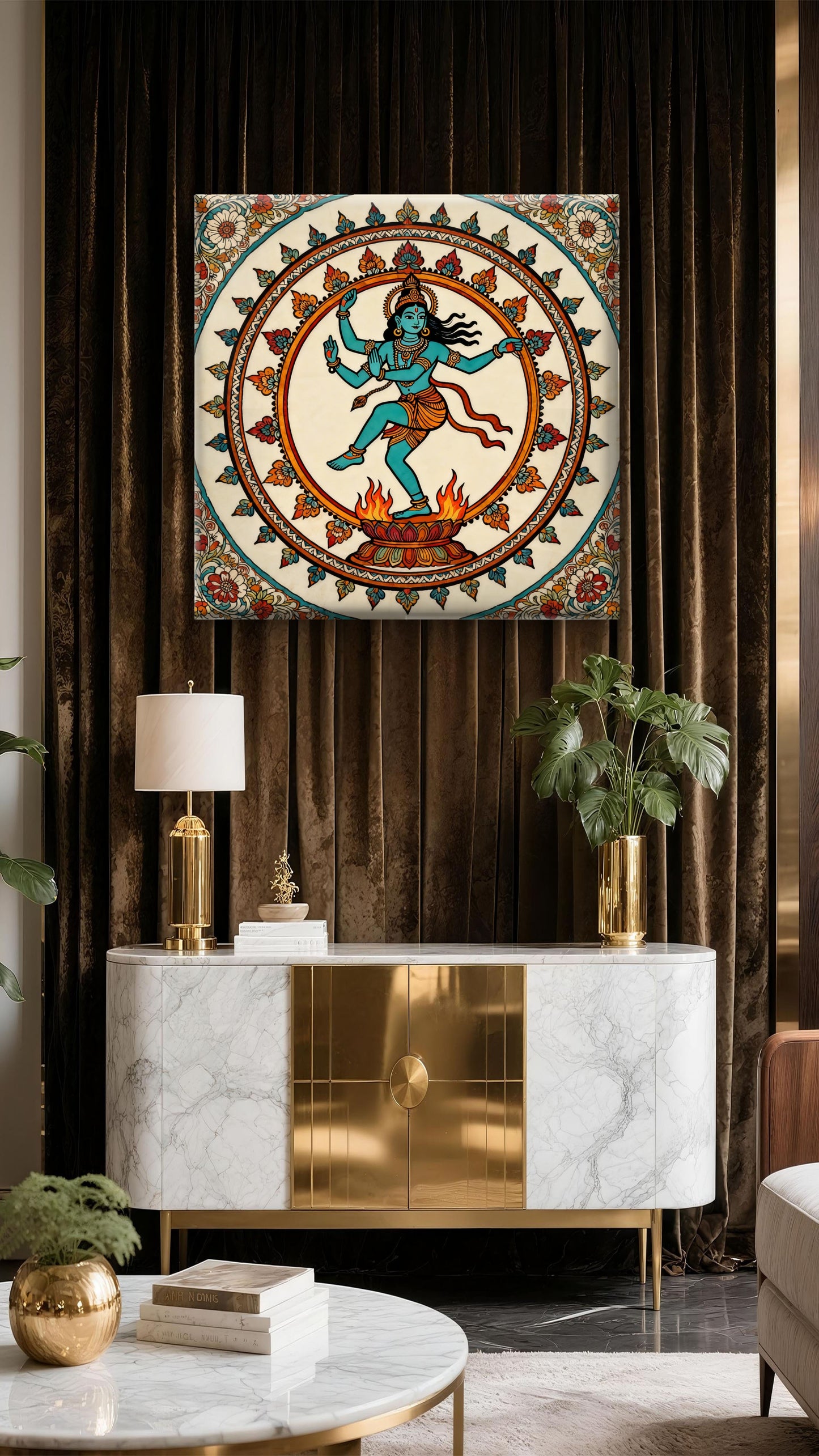 lord-shiva-as-nataraja-dancing-pose-kalamkari-Luxurious-Kalamkari Art 3D Textured Wall Art | UV Printed Embossed Canvas Wall Frame for Home Decor,living Room