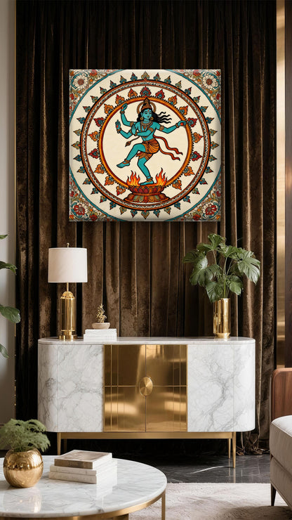 lord-shiva-as-nataraja-dancing-pose-kalamkari-Luxurious-Kalamkari Art 3D Textured Wall Art | UV Printed Embossed Canvas Wall Frame for Home Decor,living Room