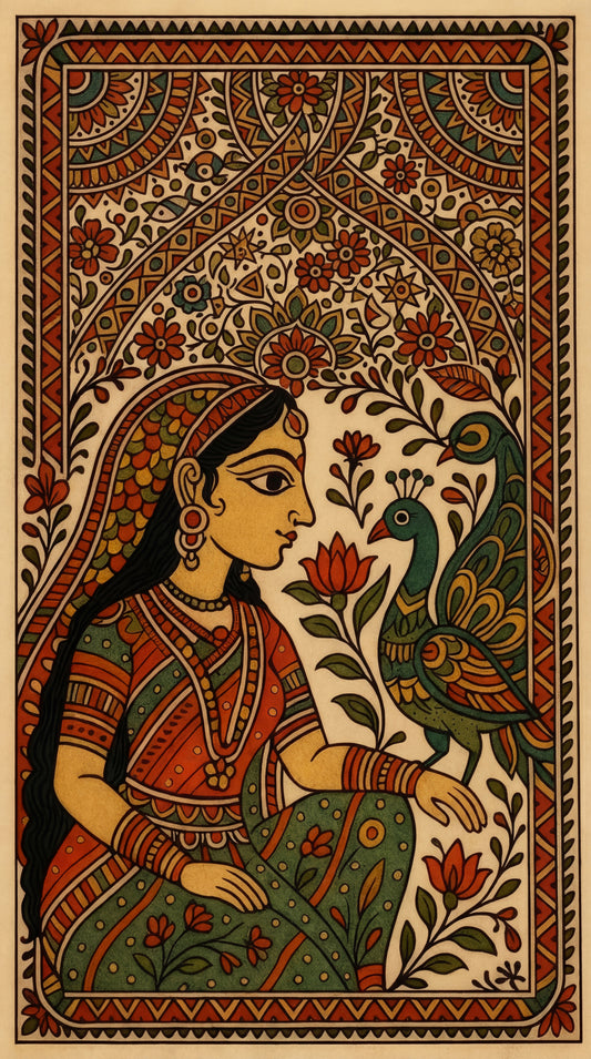 Girl with the Peacock -Luxurious-Indian Culture &  Folk Art 3D Textured Wall Art | UV Printed Embossed Canvas Wall Frame for Home Decor,living Room