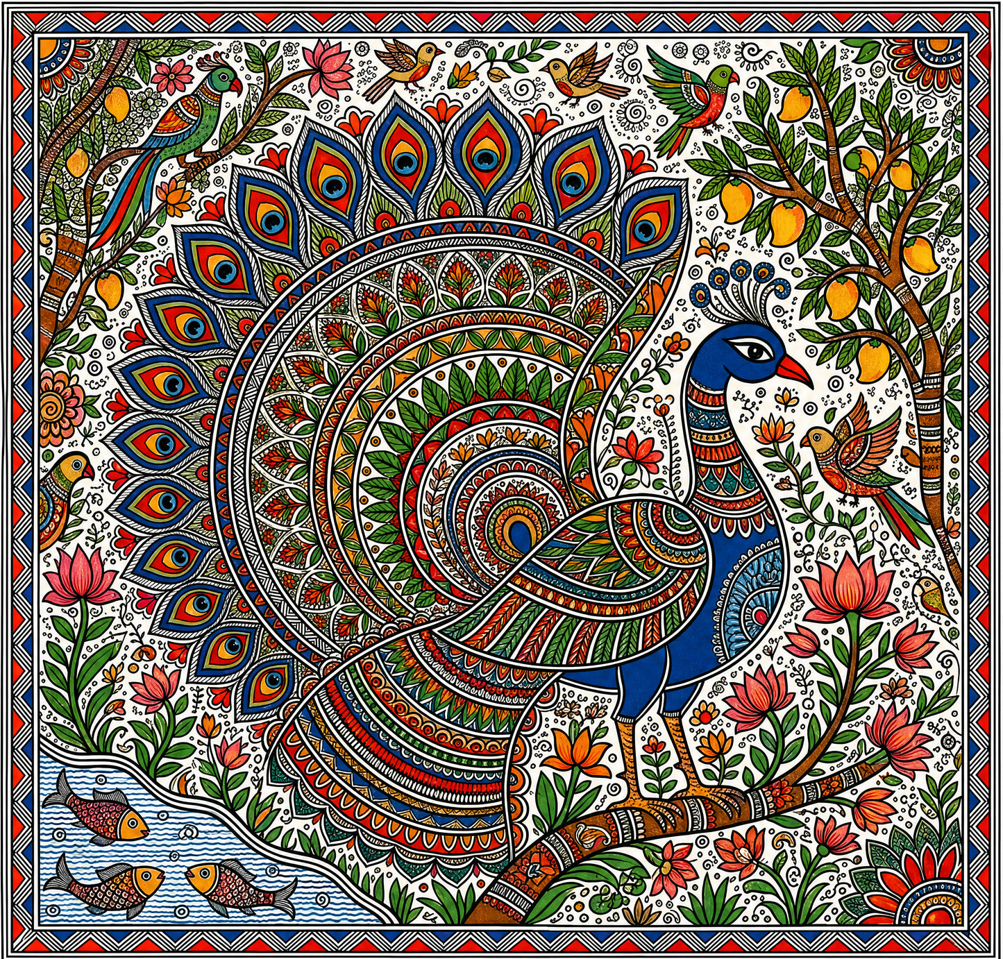 Majestic Peacock in Madhubani Folk Art)-Luxurious-Indian Culture & Folk Art 3D Textured Wall Art | UV Printed Embossed Canvas Wall Frame for Home Decor,living Room