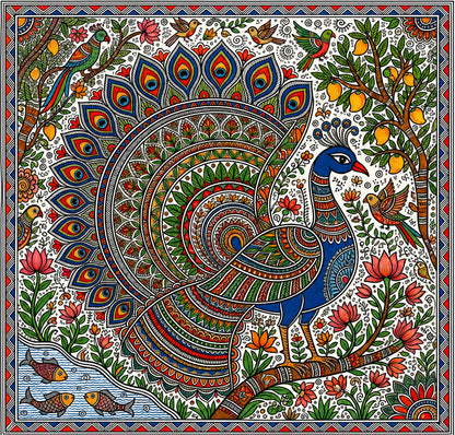 Majestic Peacock in Madhubani Folk Art)-Luxurious-Indian Culture & Folk Art 3D Textured Wall Art | UV Printed Embossed Canvas Wall Frame for Home Decor,living Room