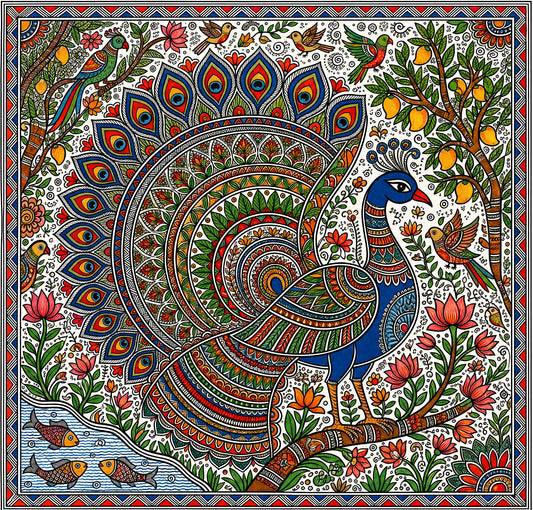 Majestic Peacock in Madhubani Folk Art)-Luxurious-Indian Culture & Folk Art 3D Textured Wall Art | UV Printed Embossed Canvas Wall Frame for Home Decor,living Room