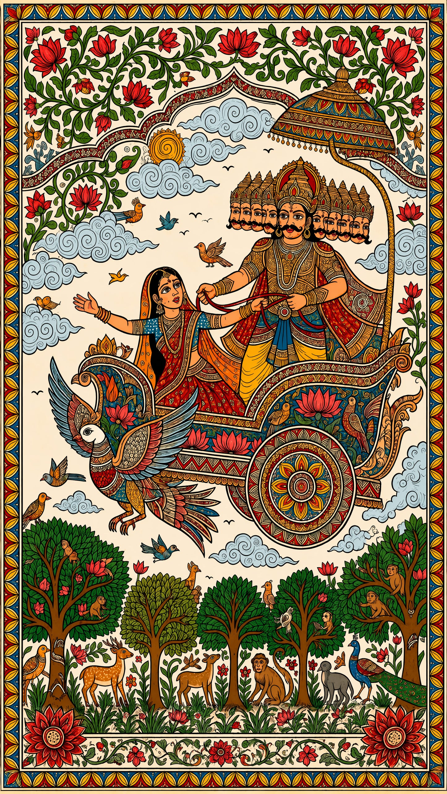 Journey of the Ten-Headed King ravan-Luxurious-Gods and Divine Art 3D Textured Wall Art | UV Printed Embossed Canvas Wall Frame for Home Decor,living Room