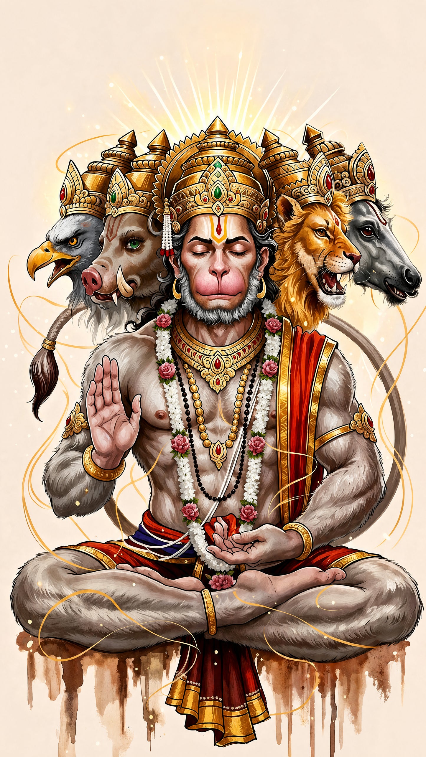 Panchamukhi Hanuman-Luxurious-Gods and Divine Art 3D Textured Wall Art | UV Printed Embossed Canvas Wall Frame for Home Decor,living Room